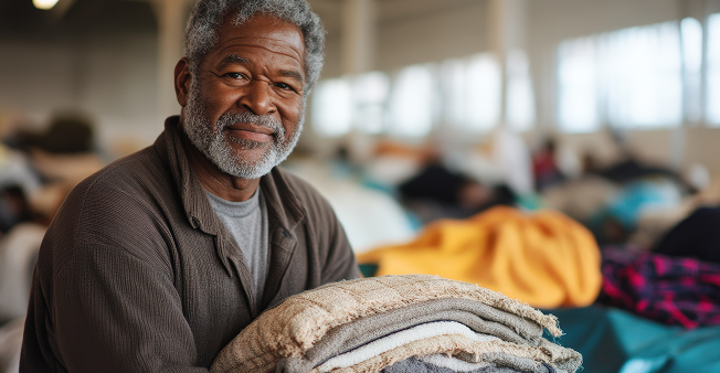 Volunteer at a homeless shelter holding folded blankets