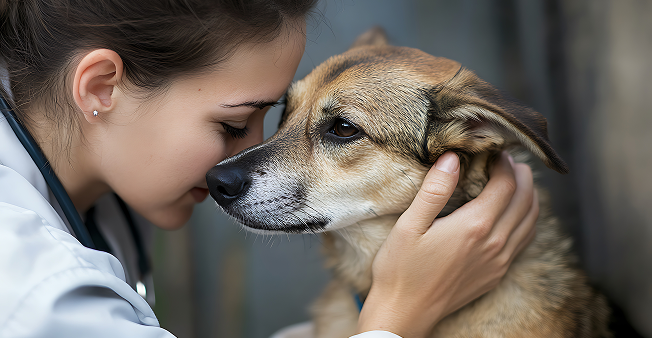 Veterinarian gently caring for a dog at an animal rescue