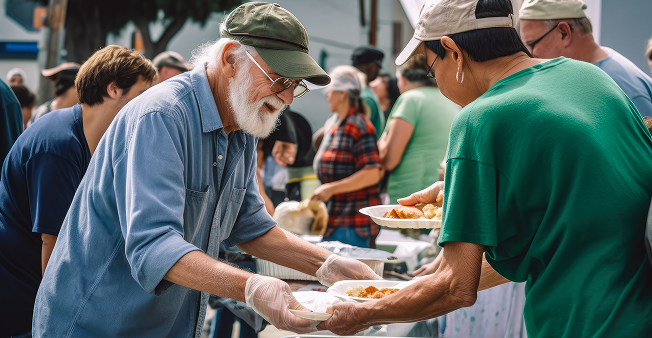 Volunteers serving food at a community food bank